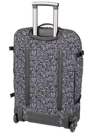 Valise noire à roulettes avec motifs abstraits blancs en lignes, poignée télescopique étendue, double roues et sangles de compression latérales.