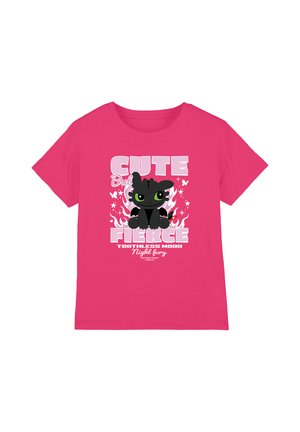 Bright pink t-shirt with a cartoon black dragon, green eyes, flames, butterflies, and the text “Cute but Fierce Toothless Mood Night Fury.”