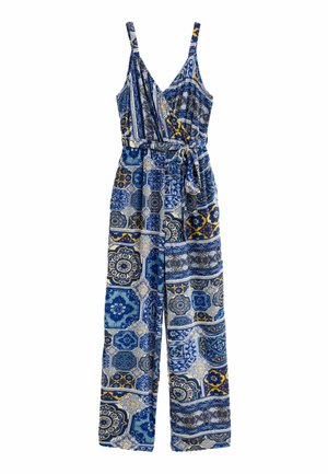 Combinaison sans manches style cache-cœur avec jambes larges, taille nouée et motifs géométriques et floraux bleus, blancs et jaunes.