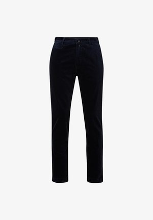 Dunkelblaues Cord-Hosen mit geradem Schnitt, ausgestattet mit einem Knopfverschluss, Gürtelschlaufen und feiner Textur durch vertikale Rillen.