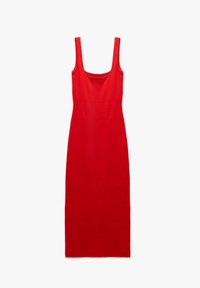 Robe rouge sans manches, ajustée, avec un décolleté carré. Texture lisse et design longueur cheville, adaptée à diverses occasions.