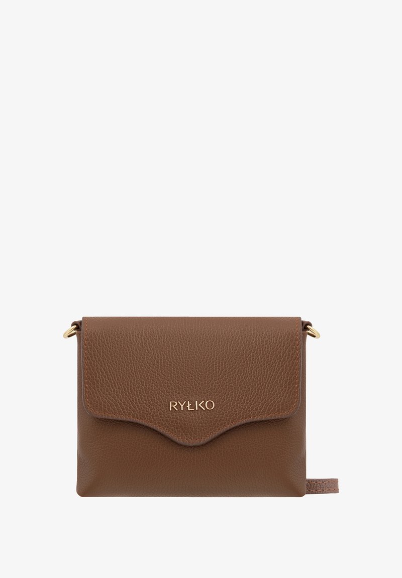 Brown leather crossbody bag with a textured finish, curved flap, and gold hardware. Features subtle embossed branding on the front.