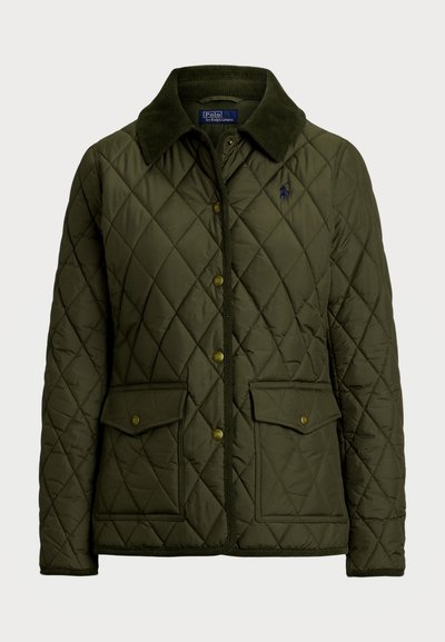 Olive green quilted jacket with a corduroy collar, snap closure, two front pockets, and subtle embroidered logo on the chest.