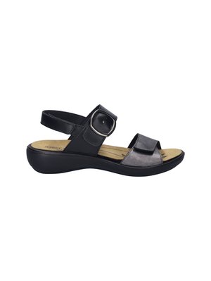 Schwarze und metallic-silberne Frauen-Sandalen mit einem verstellbaren Riemen, offenen Zehen, gepolstertem Fußbett und gebogenem Profil.