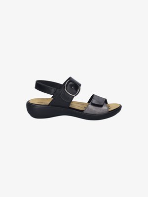 Schwarze und metallic-silberne Frauen-Sandalen mit einem verstellbaren Riemen, offenen Zehen, gepolstertem Fußbett und gebogenem Profil.