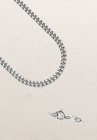 Silberne Kettenhalskette mit ineinandergreifenden Gliedern, Politur-Oberfläche und einem Karabinerverschluss mit einem Anhänger, die auf einer hellen Holzoberfläche liegt.