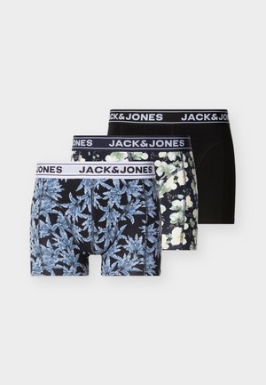 Tre par herreboxershorts med JACK & JONES-merket midjebånd; ett ensfarget svart, ett grønt med blomster, ett svart med blå bladmønstre.