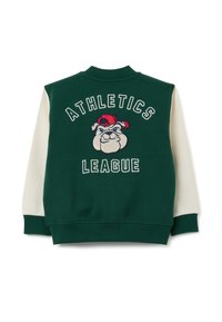 Maglione verde e crema con texture a coste, caratterizzato da un bulldog ricamato e il testo "ATHLETICS LEAGUE" in bianco.