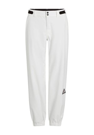 Pantalons blancs avec une taille élastique, dotés de deux boutons et d'accents en Velcro noir. Inclut un petit patch logo triangulaire sur le côté.