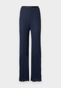 Πλεκτό παντελόνι σε ναυτικό μπλε με φαρδιά γραμμή, που διαθέτει ομαλή μαύρη μέση και υφή με ριμπ σχέδιο σε όλο το ύφασμα.