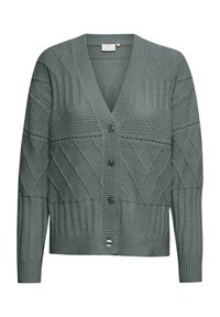 Gray knitted cardigan with a V-neck, button closure, textured patterns, and ribbed cuffs and hem. Features various knit designs and colors.
