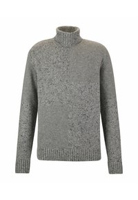 Maglione a collo alto grigio realizzato in lana testurizzata, caratterizzato da un design a patchwork con diverse tonalità di grigio e con polsini e orlo a costine.
