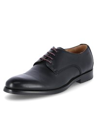 Scarpe eleganti in pelle nera con punta rotonda, cinque occhielli e lacci bordeaux. Presentano una superficie liscia e un tacco basso con dettagli cuciti.