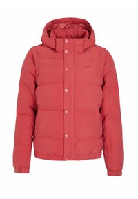 Veste matelassée rouge avec capuche, dotée d'un design rembourré, fermeture à boutons-pression et poignets élastiques. Logo imprimé sur la poitrine, poches latérales incluses.