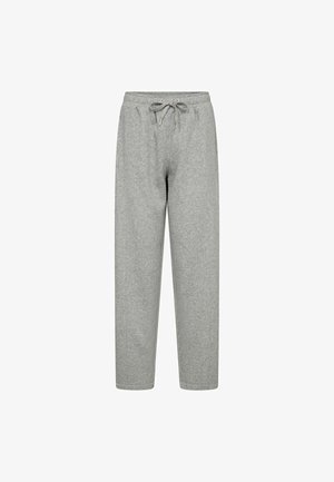 Sive trenirka hlače svijetle boje s vezicama u struku i bočnim džepovima, prikazane na bijeloj pozadini.