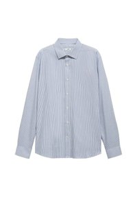 Vaaleansininen napillinen paita, jossa on ohuita valkoisia pystysuoria raitoja, pitkät hihat ja terävä kaulukko, esitelty tasaisesti valkoista taustaa vasten.