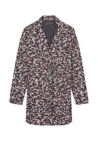 Maglietta a maniche lunghe di un blu navy scuro con stampa floreale in rosa, rosso e bianco. Chiusura con bottoni frontale e taschino sul petto. Tessuto morbido.