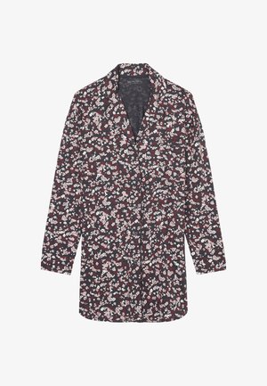 Long-sleeve shirt in dark navy with a floral print in pink, red, and white. Button-down front and chest pocket. Soft fabric texture.