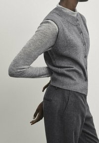 Person wearing a grey buttoned sweater vest over a long-sleeve shirt and grey trousers, standing with one hand behind the back.