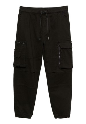 Črne hlače z več žepi, elastičnim pasom z vrvico in zoženimi zapestji. Iz mehke, trpežne tkanine.