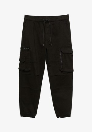 Črne hlače z več žepi, elastičnim pasom z vrvico in zoženimi zapestji. Iz mehke, trpežne tkanine.