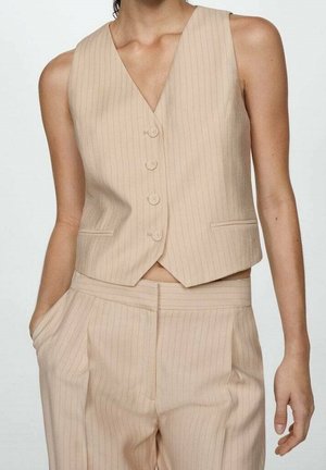 Vrouw draagt een beige mouwloos vest met verticale strepen en knopen, gecombineerd met bijpassende high-waist broek, één hand in de zak, tegen een effen achtergrond.