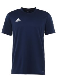 Marinblå kortärmad träningsskjorta tillverkad av fukttransporterande material, med en Adidas-logga på vänster bröst och rund hals.