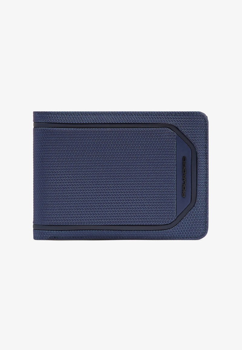 Portefeuille en tissu bleu texturé avec bordure noire et logo Piquadro embossé sur un panneau d'angle.