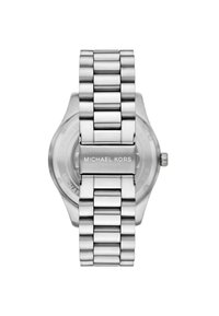 Edelstahlarmbanduhr mit gebürsteter Oberfläche, verlinktem Armband und Metallverschluss. Markenname "Michael Kors" ist auf dem Verschluss eingraviert.