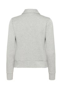 Svetlošedý dlhý rukáv mikina s prehnutým golierom, rebrovanými manžetami a rovný lem, zobrazená zozadu na bielom pozadí.