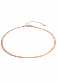 Een ketting van roségoudkleurig metaal met een glad, flexibel ontwerp. Heeft een gestructureerde ketting en een verstelbare sluiting met een verlengketting.
