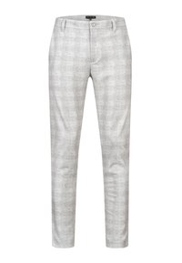 Pantalon slim gris clair avec fines rayures verticales, fermeture par boutons, passants pour ceinture et poches avant, adapté pour une tenue formelle ou professionnelle.