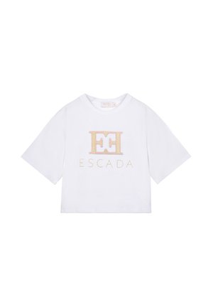 T-shirt bianca corta a maniche corte con logo "EC" e testo "ESCADA" in rosa e oro sul davanti.