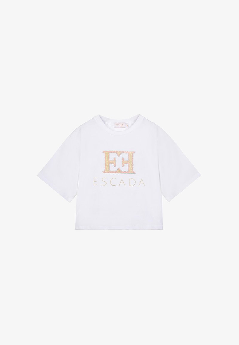 T-shirt bianca corta a maniche corte con logo "EC" e testo "ESCADA" in rosa e oro sul davanti.