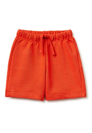 Pantaloncini casual di colore arancione acceso con una vita elastica e coulisse regolabile, realizzati in tessuto morbido.