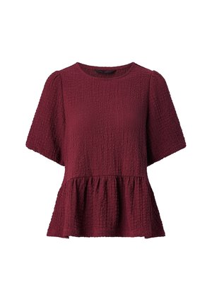 Burgunderfarbene Peplum-Bluse aus strukturiertem Stoff mit kurzen Ärmeln und einem runden Halsausschnitt. Sie hat eine geraffte Taille für eine bessere Passform.