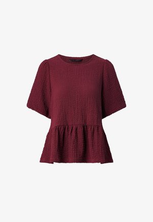 Bordeaux peplum top gemaakt van textiel met korte mouwen en een ronde halslijn. Beschikt over een geraffineerde taille voor vorm.