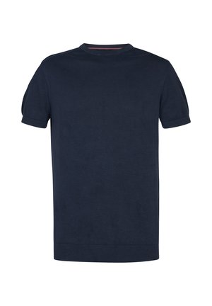 Donkerblauwe korte mouwen gebreide T-shirt met een ronde hals. Kenmerkt zich door ribgebreide manchetten en zoom, met een gladde textuur en een subtiele glans.