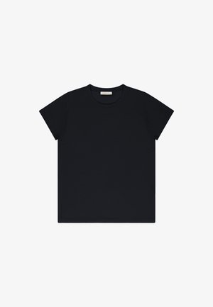 T-shirt nera a maniche corte con scollo rotondo, distesa su una superficie piatta con orlo dritto e senza loghi o design visibili.