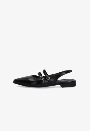 Schwarze Slingback-Ballerinas mit spitzem Zehenbereich, glattem Lederfinish, zwei dekorativen Schnallen und einem niedrigen Blockabsatz.