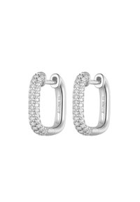 Pair of small rectangular silver hoop earrings with pavé-set clear gemstones on front outer surface.