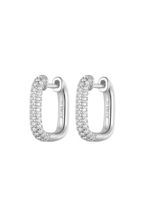 Pair of small rectangular silver hoop earrings with pavé-set clear gemstones on front outer surface.
