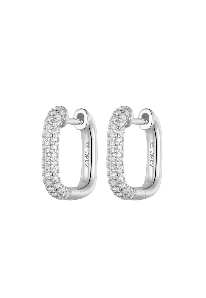 Pair of small rectangular silver hoop earrings with pavé-set clear gemstones on front outer surface.