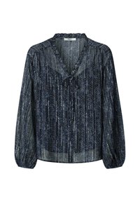 Transparante marineblauwe blouse met lange mouwen, verticale bloemenstrepen, ruches op de kraag, een strik aan de voorkant en elastische manchetten.