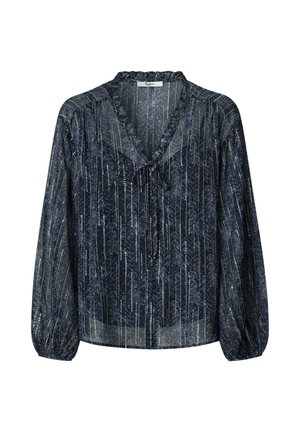 Transparante marineblauwe blouse met lange mouwen, verticale bloemenstrepen, ruches op de kraag, een strik aan de voorkant en elastische manchetten.