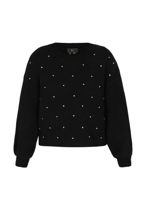 Sort sweater med rund halsudskæring, lange ærmer og spredte små rhinesten detaljer. Blødt, tekstureret stof; cropped design.