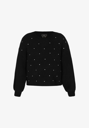 Pull noir à encolure ronde, manches longues et accents de petites strass dispersés. Tissu doux et texturé ; design court.