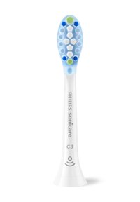 Philips Sonicare C3 tandenborstelkop, witte handgreep, blauwe bovenkant, met groene en blauwe accentharen in hexagonale patronen.