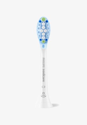 Philips Sonicare C3 toothbrush head, white handle, blue top, with green and blue accent bristles arranged in hexagonal patterns.