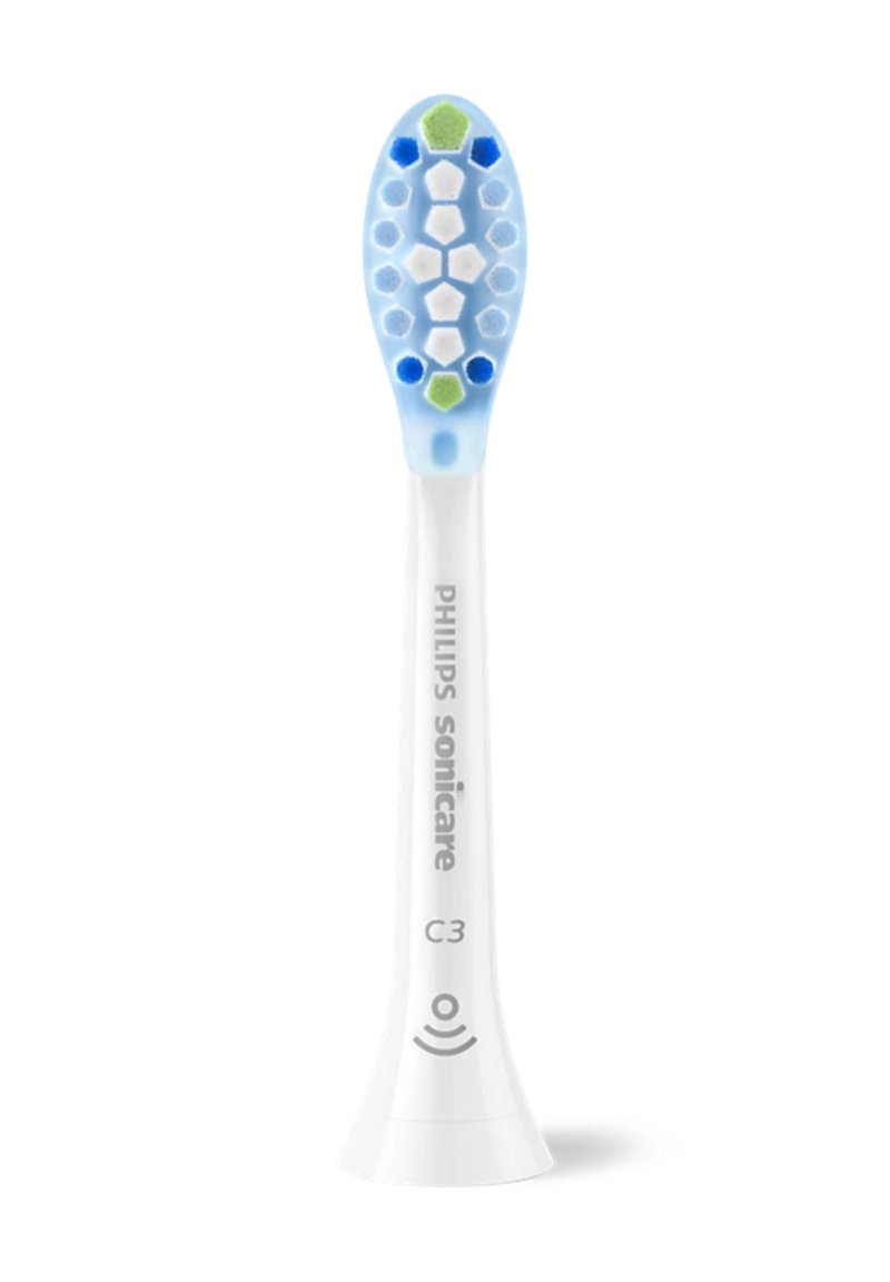 Philips Sonicare C3 tandenborstelkop, witte handgreep, blauwe bovenkant, met groene en blauwe accentharen in hexagonale patronen.